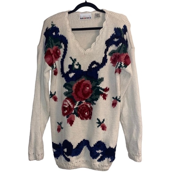 Vintage Floral Chunky Knit Cottagecore Coastal Grandma Loose Knit 80s Sweater - Picture 12 of 12